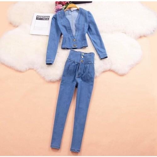 Women 2021 Spring Summer Denim Two Piece Set Female Fashion V-Neck Long Sleeve Short Top + High Waist Jeans Pants Sets Suit B189