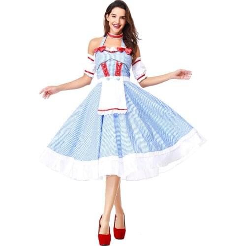 The Wizard of Oz Dorothy Cosplay Costume Blue Halter Backless Bow Stage Long Dress French Manor Maid Dresses Halloween For Women