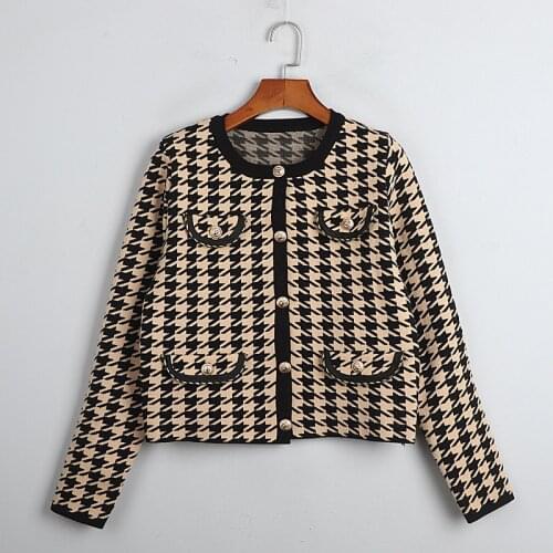 Sleeve Houndstooth Sweater Long Cardigans Women Pocket Single Breasted Elegant Plaid Knitted Jackets Autumn Winter Short Outwear