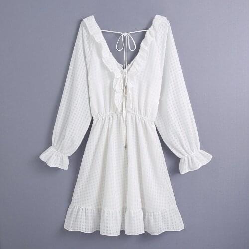 Women Dress Summer 2021 Sexy V-Neck Puff Long Sleeve Ruffles Lace Up A-line Party Robe Solid Color Autumn Female Vestido C2816