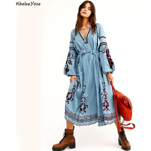 KHALEE YOSE Vintage Embroidery Midi Dress Spring Autumn Boho Women Dresses Tassels Beltted Ladies Holiday Female Chic Dress New