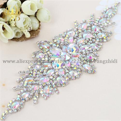 1 Piece Multiple Claw AB Rhinestone Crystal Appliques Patches Hot Fix Glass Rhinestone Motif Iron On Bridal Sash Belt FA-949