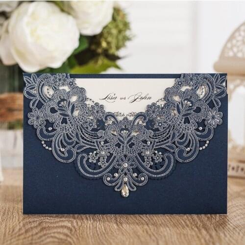 20pcs WISHMADE Laser Cut Lace Flora Wedding Invitations Cards with Rhinestone Navy Blue Invites for Birthday Baby Shower