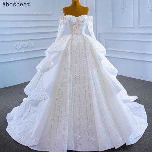 Shining Long Sleeve Ball Gown Wedding Dress 2021 White Elegant Wedding Gown Bridal Long Sleeve Shining Sequins Lace Up Back