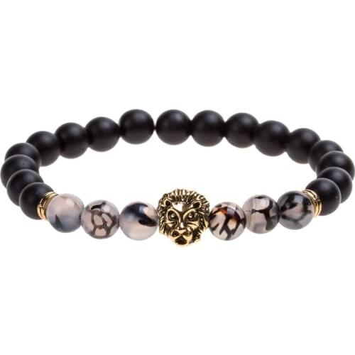 8mm Frosted Stone Beaded Mens and Womens Black Dragon Stone Energy Yoga Lion Head Buddhist Bead Bracelet Couple Gift