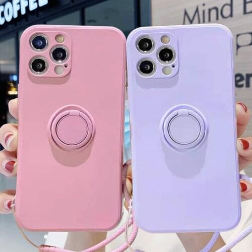 Ring Holder Liquid Silicone Phone Case For iPhone 12 11 Pro Max XR XS Max X 7 8 Plus Candy Colors Soft Lanyard Back Cover