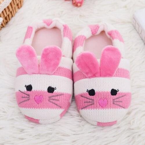 Hot Sale Winter Girls Warm Wrapped Heel Knitted Soft Sole Slippers Cartoon Baby Girls Slippers for Home Kids Pink Shoes Gifts