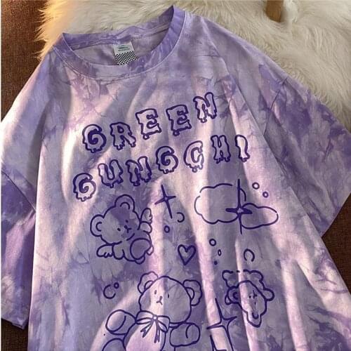 Harajuku oversized T-shirt womens tie-dye t-shirt tops women 2021 loose couple cotton cute bear T-shirt street clothing