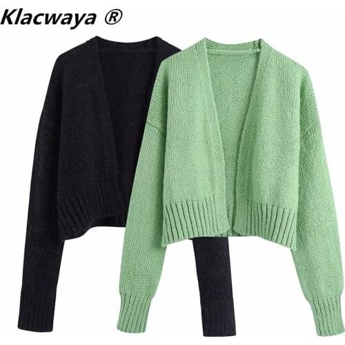 Klacwaya 2021 Women Fashion Solid Color No Buckle Knitted Cardigan Vintage Long Sleeve Female Autumn Short Open Stitch Sweater