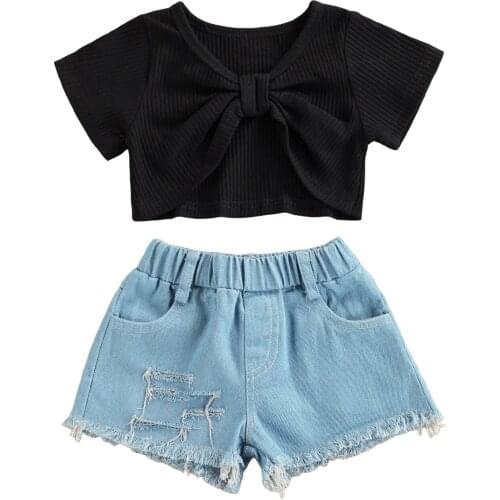 2-6Years Girl’s Short-sleeved and Shorts Set Fashion Solid Color Cropped T-shirt and Ripped Denim Short Pants