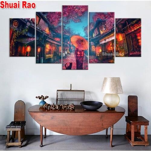 Multi-Panel Anime Girl diamond mosaic 5 d diy painting diamond 5 Pieces Street Scenery diamond embroidery full round drill home