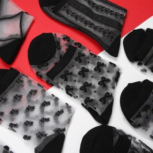 5 Pairs a Lot Transparent Socks Women Summer Fancy Lace Socks Glass Silk Dress Wear Harajuku Happy Funny Sock Mesh Sheer Sokken