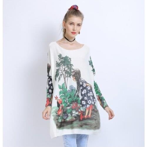 2021 Autumn Winter Womens Sweaters New Big Size Sweater Little Girl Print Loose Sweater Fall Sweaters for Women Oversized Tops