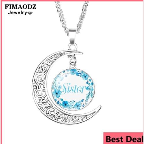 FIMAODZ Sister Letter Print Necklace Colorful Flower Art Photo Glass Gem Crescent Moon Pendant Jewelry for Good Friends Gift
