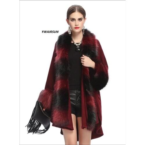 YWAIRSUN Autumn Winter New Cloak Scarf Red Female Solid Color Large Size Loose Imitation Fox Fur Collar Knit Cardigan Shawl Coat