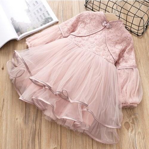 Long Sleeve Princess Dresses Baby Girl Mesh Stitching Multi-layer Pink White Kids Clothes Girl Party Wedding Children Lace Dress