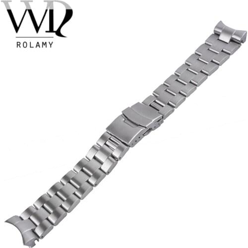 Rolamy 22mm Sliver All Brush Stainless Steel Wrist Watch band Replacement Metal Watchband Bracelet Double Push Clasp For Seiko