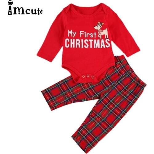 Imcute 2Pcs Baby Christmas Suit Red O-Neck Long-Sleeves Bodysuits Top + Grid Elastic-Waist Loose Pants for Toddler Boys Girls