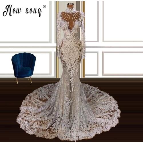 High Neck Long Sleeve Pearls Wedding Dresses Lace Mermaid Women Gowns Dubai Longue Robes вечернее платье Plus Size