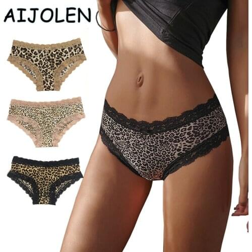 AIJOLEN Leopard Print Sexy Panties Briefs Lace Edge Ice Silk Underwear Pink Cute Breathable Soft Underpants Womens Panties