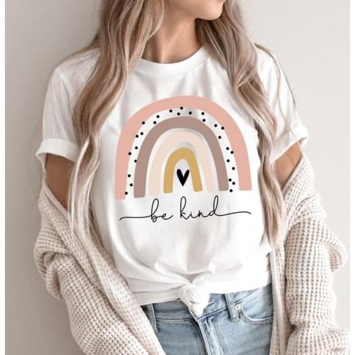 Be Kind Rainbow Cute rainbow Shirt Womens Short Sleeve Tees Fashion 100%Cotton O Neck Female Clothing Plus Size Casual Shirts