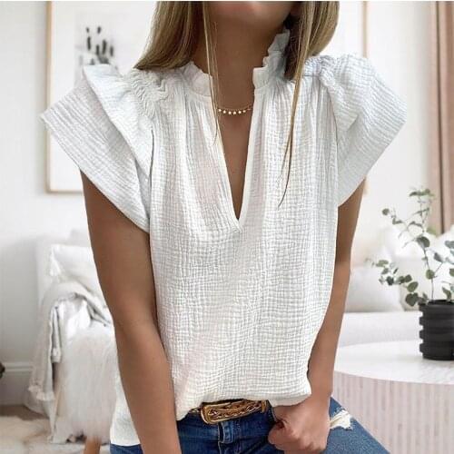 2021 New Summer Solid White Shirt Women Short Sleeve V Neck Ruffles Casual Loose Blouse Fashion Shirt Ladies Chic Tops