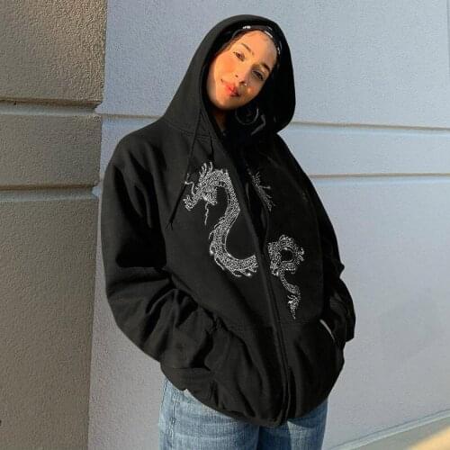 Causal Dragon Pattern Hot Rhinestone Sweatshirt Women Hooded Long Sleeve Loose Zipper Coat 2021 New Hip Hop Streetwear Hoodies