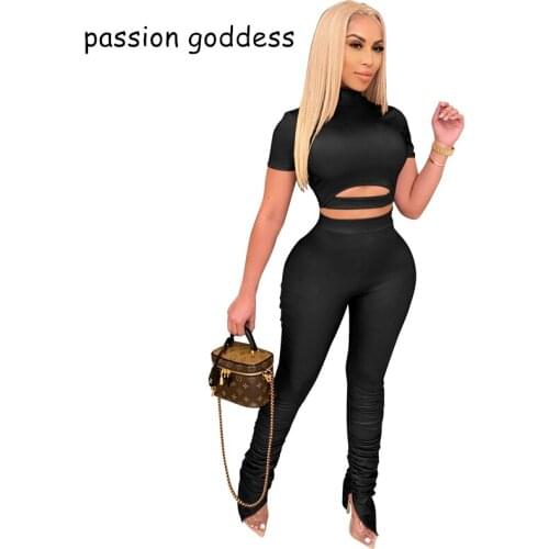 New Fashion Summer Women Streetwear Bodycon 2 Piece Sets Outfits Turtleneck Crop Top and High Waist Long Runched Stacked Pants