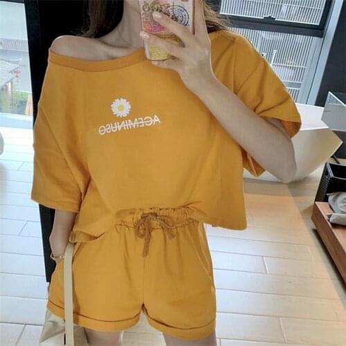 Womens Suit New Casual Fashion Suit Women Loose One Shoulder T Shirt Wide-leg Shorts Student Two Piece Sets Kawaii Sets Summer