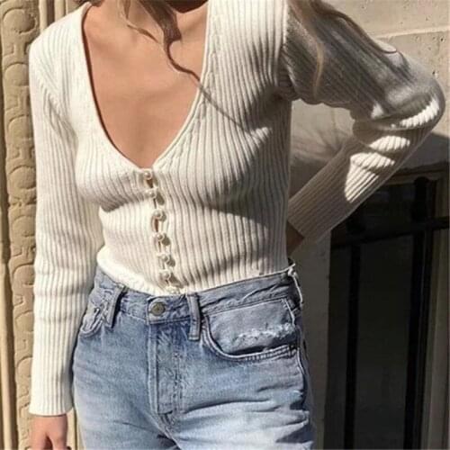 Fashion Streetwear 2020 Tshirts Women Solid Color Cardigan Female Long Sleeve Deep V-neck Button Top Autumn Winter Clothes