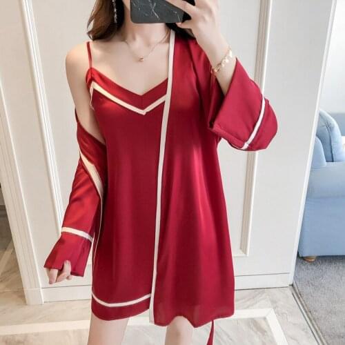 Spring Autumn Women Silk Satin Halter Gown Simple Natural Noble Striped Pajamas Bathrobe Lounge Negligee Casual Robe Set 2PCS