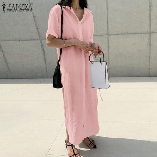 ZANZEA Turn-Down-Collar Kaftan Robe Female Split Button Dress Long Shirt Leisure Maxi Vestido Cotton Solid Short Sleeve Sundress