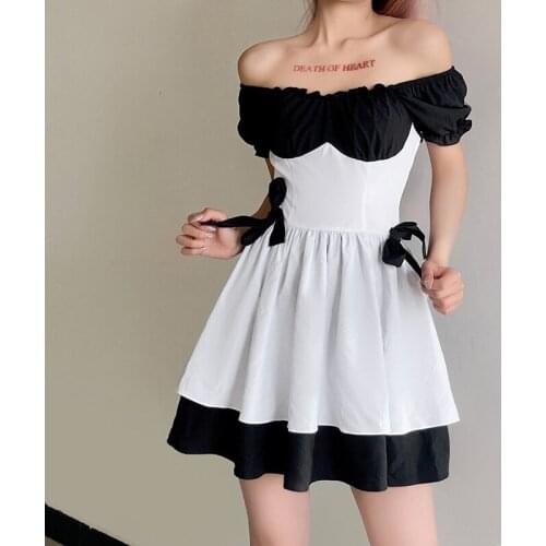 2021 New Summer Dress For Women Black White Patchwork Off Shoulder Slash Neck Thin Bow Pleated A Line Fairy Grunge Mini Dresses