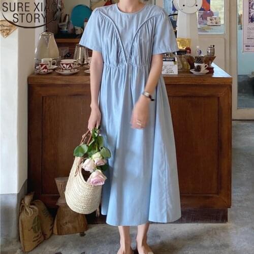 2021 Casual Summer Dress Women Fashion Long Dress Midi High Waist Korean Pleated Round Collar Blue Dresses Loose Vestidos 14034