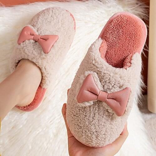 Winter Warm Home Women Fur Slippers Cute Lovely Bowknot Shoes Soft Indoor Bedroom House Slippers Men Lovers Couple Floor Shoes