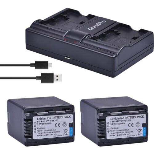 2PC VW-VBK360 VW VBK360 Camera Battery + USB Charger for Panasonic HDC-HS80 SD40 SD60 SD80 SDX1 SDR-H100 H85 H95 HS60 HS80 TM60