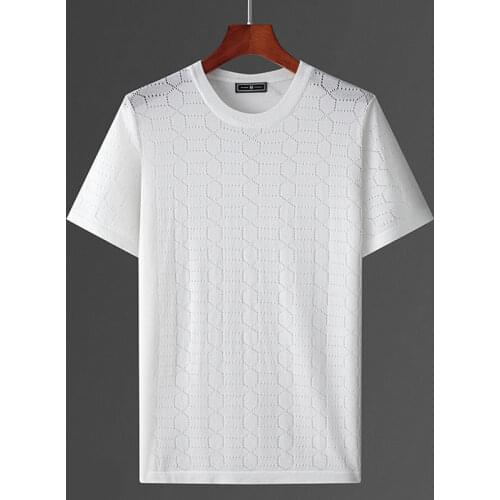 2021 New Fashion Summer Men Ice Silk O-neck Sweater Top Solid Hollow Out Pullover Male Plus Size T Shirt Casual Knitted Tees W90