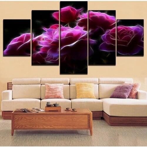 5 Pieces Abstract Fractal Pink Rose Flower Pictures Modern Wall Art Prints Paintings Canvas Modular Framework