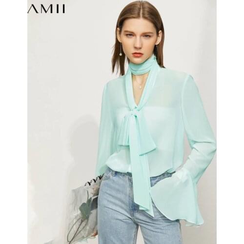 Amii Minimalism Summer Womens Blouse Fashion Solid Bow Neck Flare Sleeve Womens Chiffon Shirt Causal Womens Tops 12170322
