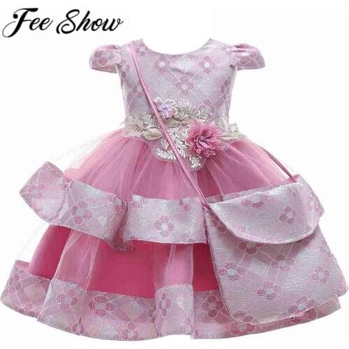 Kids Flower Dress For Girls Short Puff Sleeve Embroidered Princess Party Gowns Wedding Flower Girl Dresses with Messenger Bag