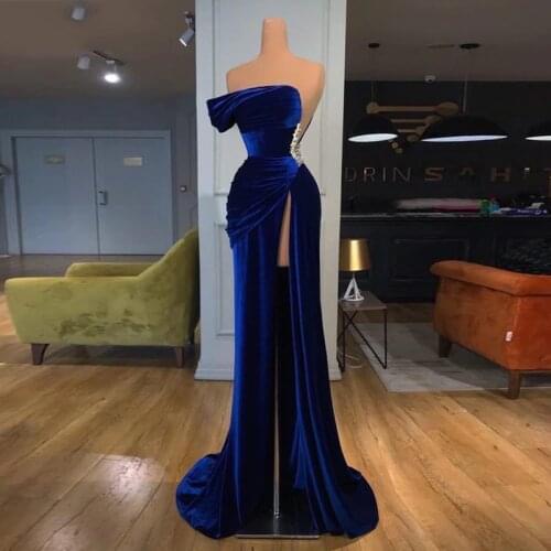 Abito da sera Real Picture Mermaid Long Evening Dress robe de soiree Velvet Off Shoulder Formal Gowns Elegant Split Royal Blue