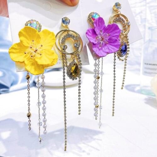 Elegant Flower Crystal Drop Earrings For Women Girls Fashion Rhinestone Long Tassel Party Jewelry