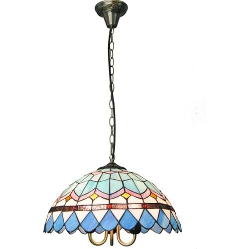 European Style Blue & White Pendant Light 16" Retro Tiffany Stained Glass Suspension Lamp Restaurant Living Room Lighting PL713