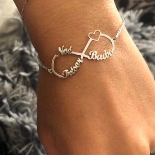 Customize Stainless Steel Infinity Name Bracelet Femme Silver Color Custom Jewelry Personalized Heart Nameplate Charm Bracelet