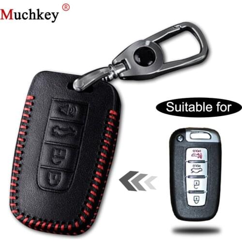 Leather Remote Case Car Key Bag Cover For HYUNDAI 4 Buttons Smart Key Luxury Genuine Hand Sew Red Line 1PC Type F