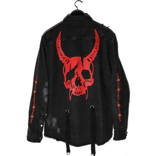 Hip Hop Gothic Demon Hunter Skull Black Denim Jacket Men High Street Oversized Coat Harajuku Streetwear Bomber Unisex Jacket