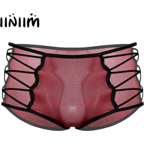 Mens Lingerie Sissy Panties Hollow Out Silky Panties Crisscross Mid Waist Cotton Translucent Sexy Underwear for Casual Bedtime