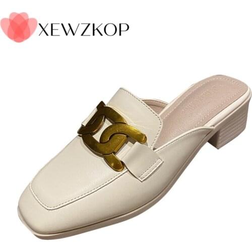 Spring Summer Shoes Female British Style Metal Mules Slippers Thick-soled Casual Loafers Leather Fashion Shoes Girls Daily Work