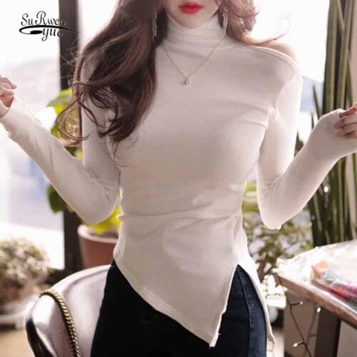 Off-shoulder Split New Korean Fashion Turtleneck Shirt 2021 Autumn Winter Slim Bottoming T-shirt Sexy Casual White Tops 12202