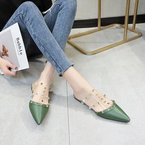2020 new Women slippers outside spring Half drag one pedal Stylish rivet tip comfortable flat fresh Elegant dating shoes U24-96